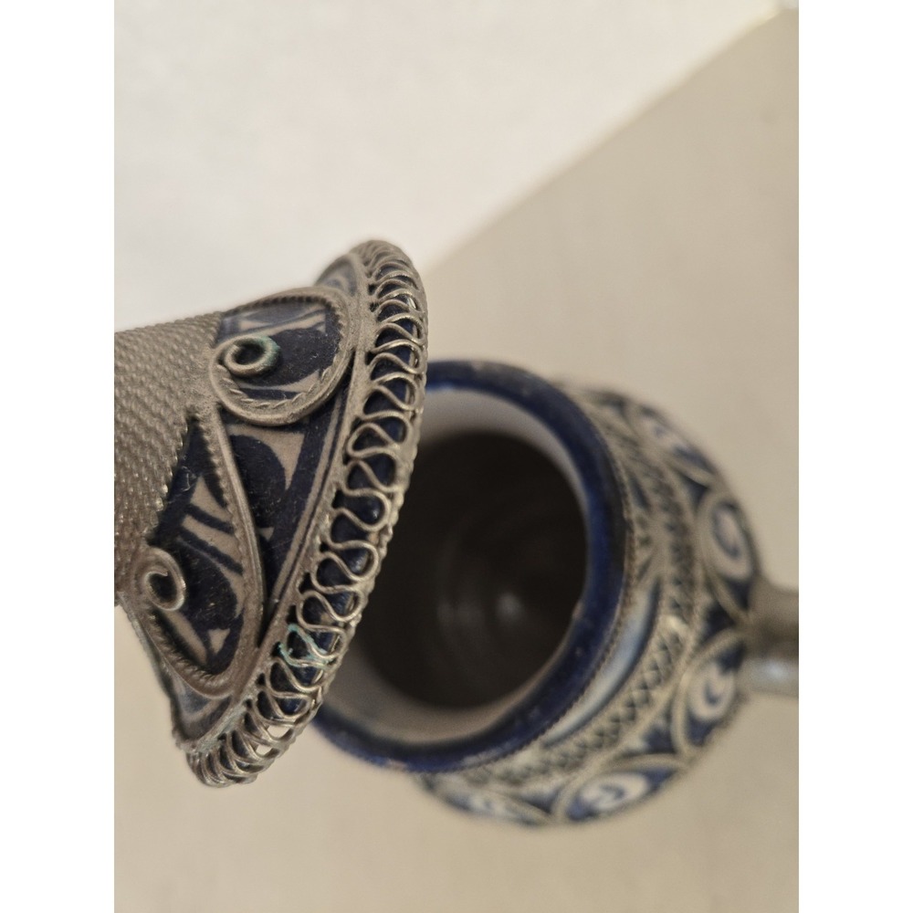 Moroccan Teapot Ceramic Silver Tone Filigree Vintage Blue & White Ceramic 6.5" - Picture 9 of 16